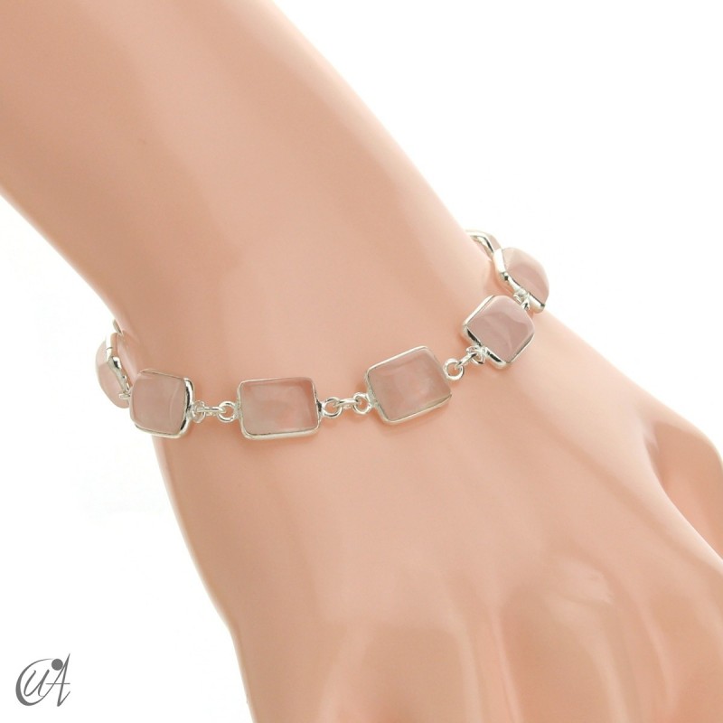 Silver bracelet with stones, rectangles - rose quartz