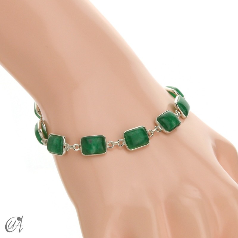 Silver bracelet with stones, rectangles - green sapphire