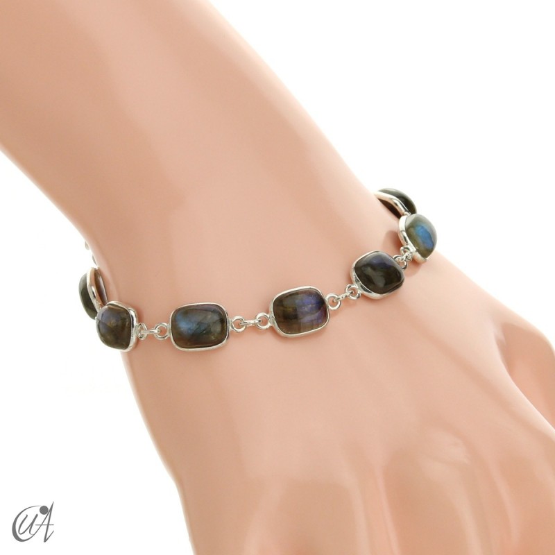 Silver bracelet with stones, rectangles - labradorite