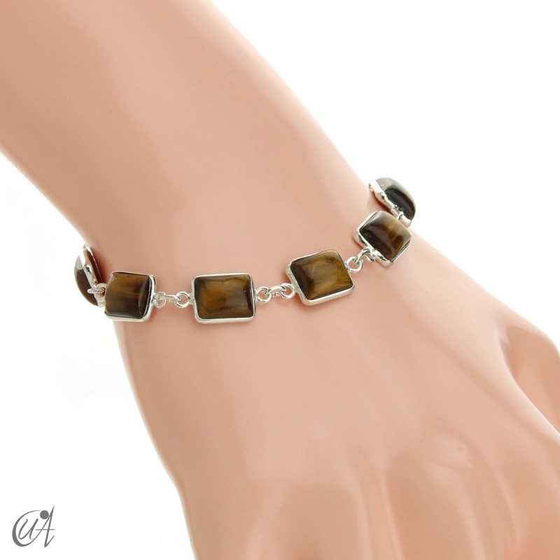 Silver bracelet with stones, rectangles - tiger eye