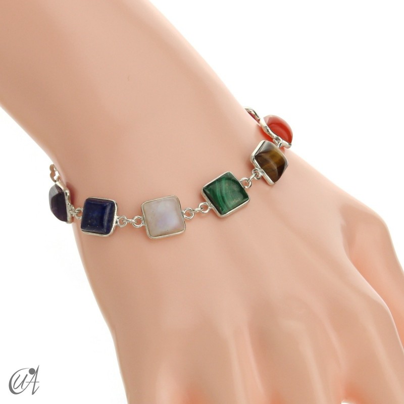 Chakra stones bracelet in sterling silver - square model