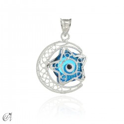 Luna estrella y  ojo turco - filigrana de plata, azul