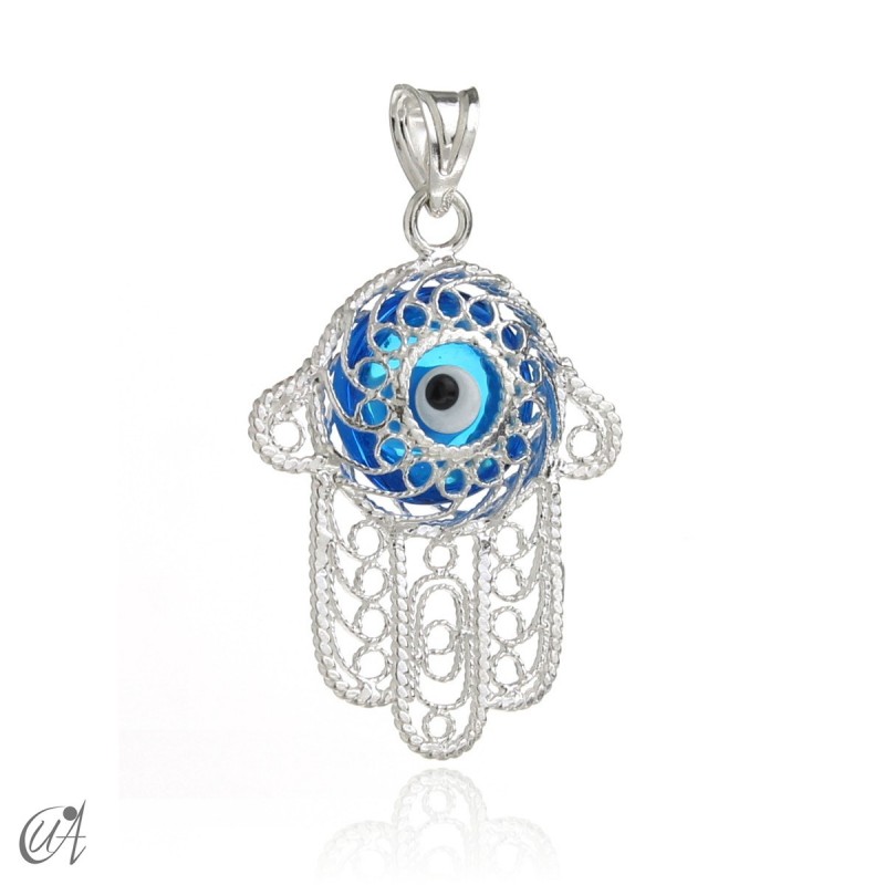 Fatima hand in silver with Evil Eye - blue