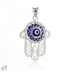 Fatima hand in silver with Evil Eye - dark blue