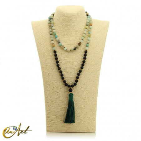 Japa mala de amazonita con piedra volcánica, anudado