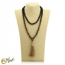 Japa mala made of tiger eye with volcanic stone, knotted