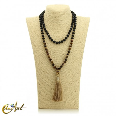Japa mala made of tiger eye with volcanic stone, knotted