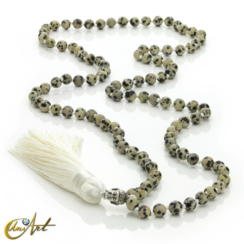 Japa Mala anudado de Jaspe dálmata con buda, cuentas 6 mm