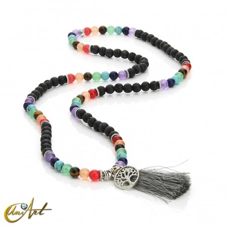 Chakras Tibetan Buddhist Mala Beads (bracelet) with volcanic stone lava