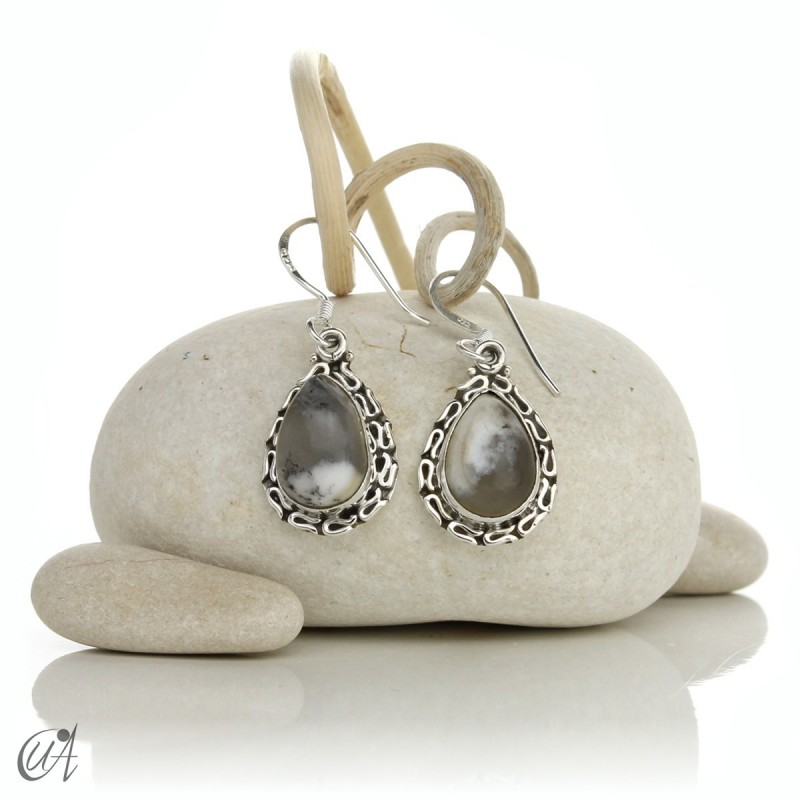 Silver earrings with dendritic opal, Juno's tears