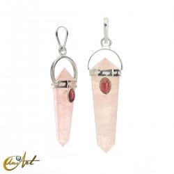 Rose quartz doubly terminated point pendant with garnet