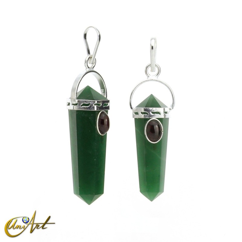 Green jede doubly terminated point pendant with garnet