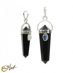 Black tourmaline doubly terminated point pendant with moonstone