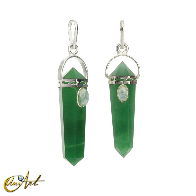 Colgante punta biterminada de jade verde con piedra luna