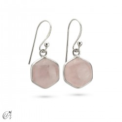 Silver and rose quartz earrings, basic hexagonal