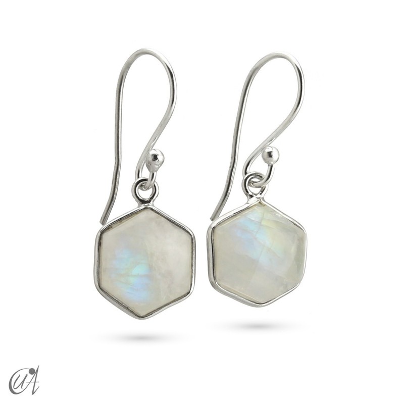 Silver and moonstone earrings, basic hexagonal