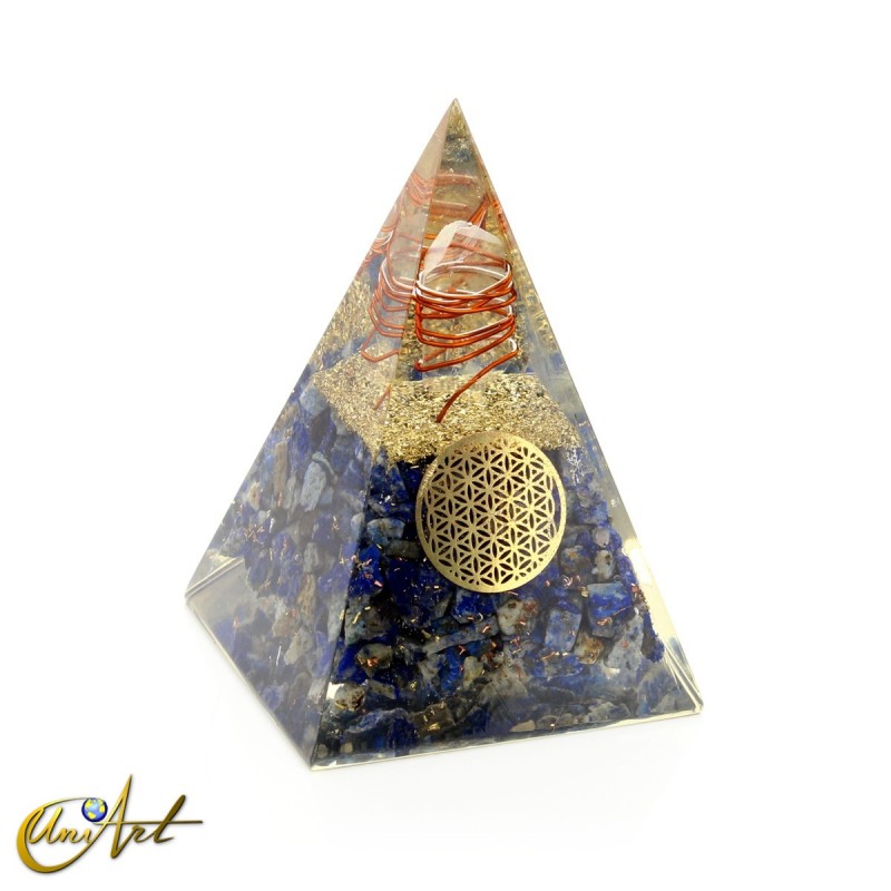Orgonite pyramid with flower of life  and lapis lazuli