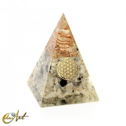 Piramide de orgonita con flor de la vida y piedra luna