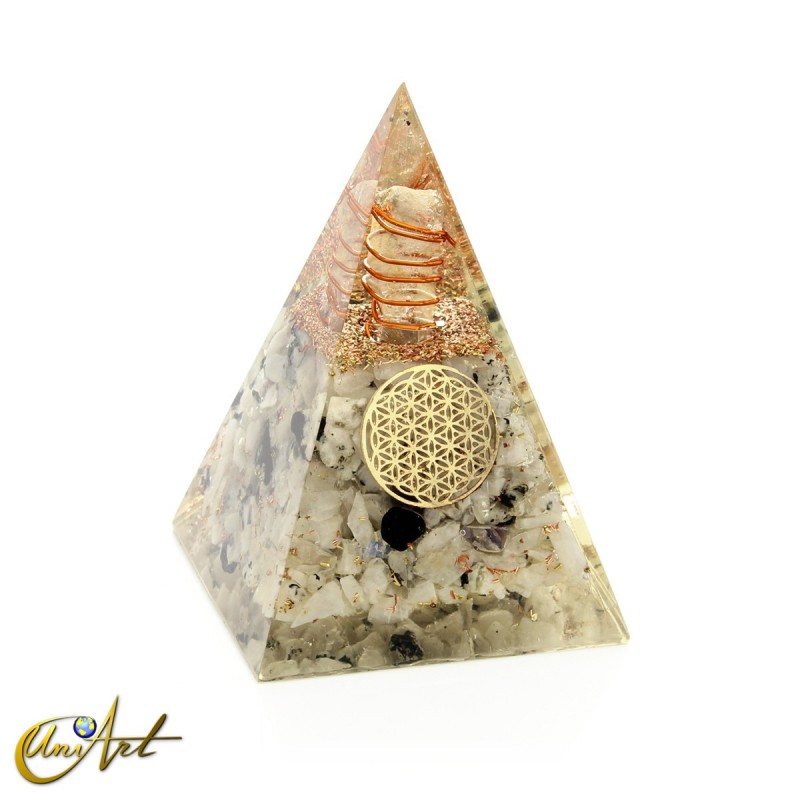 Orgonite pyramid with flower of life  and moonstone