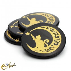 Black Agate Discs with Esoteric Symbols - Cat in the Moon