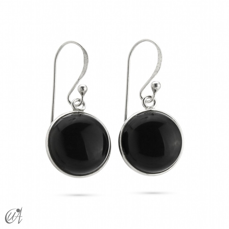 925 silver round earrings with natural black onyx, basic model