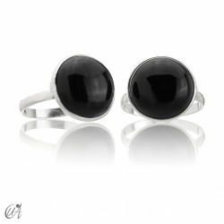 Onyx, round basic sterling silver ring