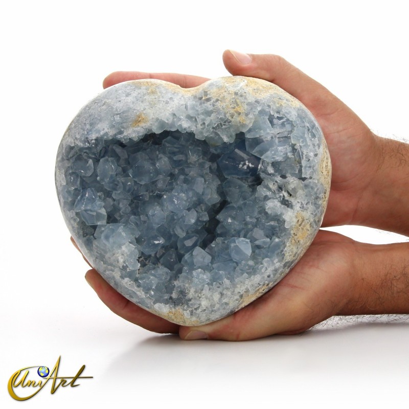 Geode of blue celestine in heart shape