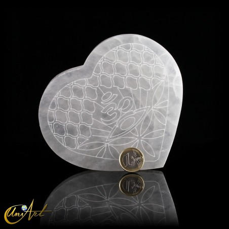 Selenite Heart Plate, 14 cm - OM and Flower of Life