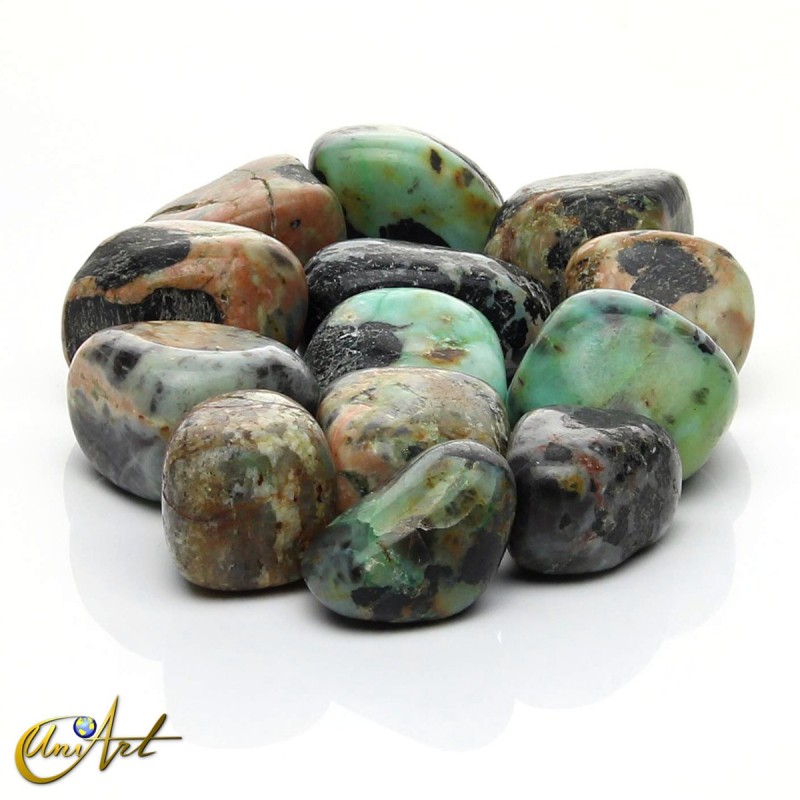 Crisocola con turmalina, 200 gramos de cantos rodados