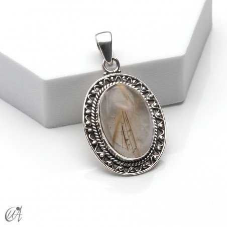 Rutilated quartz in silver, oval pendant, medium - model 1