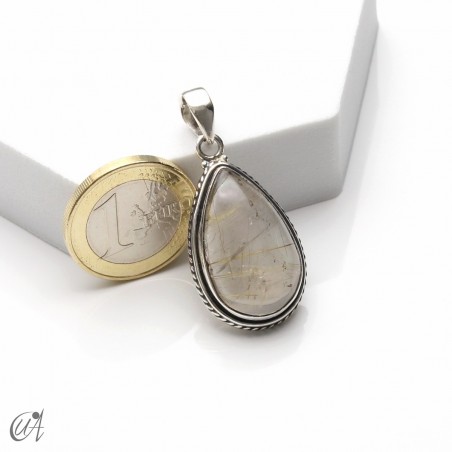 Rutilated quartz teardrop pendant in 925 silver, medium - model 2