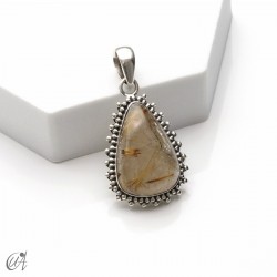 Rutilated quartz teardrop pendant in 925 silver, medium - model 3