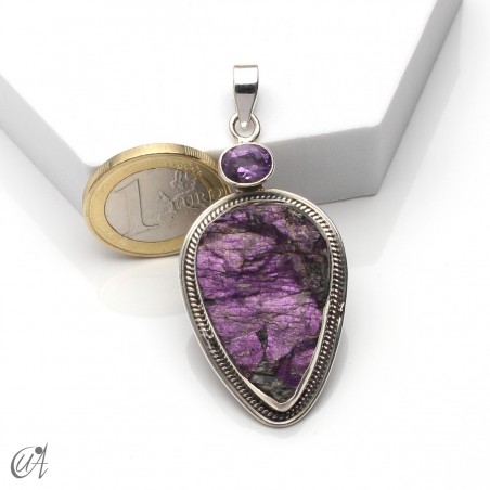 Colgante en plata con purpurita en bruto y amatista, modelo 1