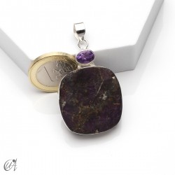 Silver pendant with rough purpurite and faceted amethyst, model 3