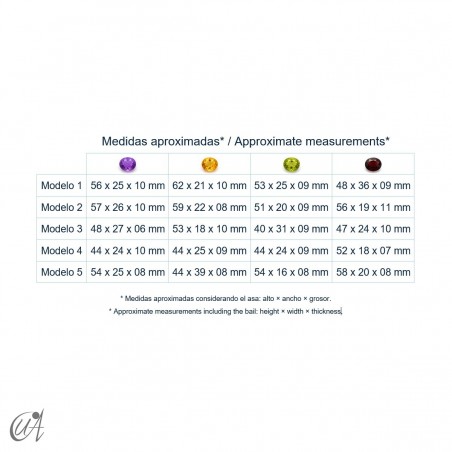 Tabla de medidas de los colgantes de purpurita y gema en plata 925