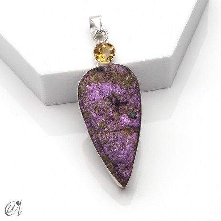 Silver pendant with rough purpurite and faceted citrine, model 1