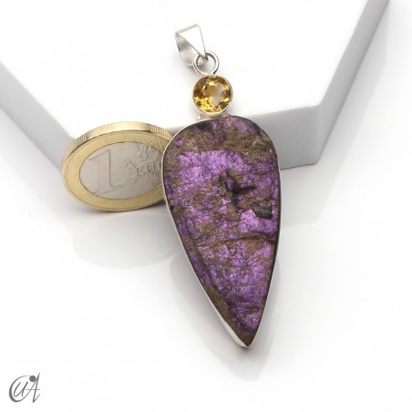 Silver pendant with rough purpurite and faceted citrine, model 1