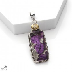 Silver pendant with rough purpurite and faceted citrine, model 3