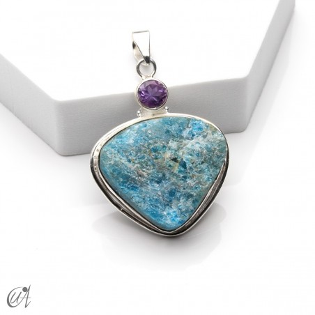 Silver pendant with rough apatite and faceted amethyst, model 1