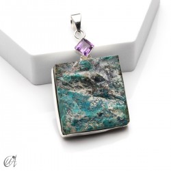 Silver pendant with rough apatite and faceted amethyst, model 4