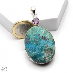 Silver pendant with rough apatite and faceted amethyst, model 5