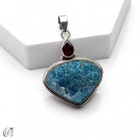 Silver pendant with rough apatite and faceted garnet, model 1