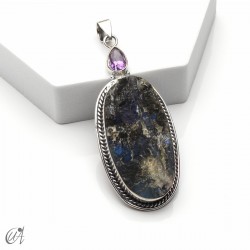 Silver pendant with rough labradorite and faceted amethyst, model 2