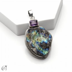 Silver pendant with rough labradorite and faceted amethyst, model 4