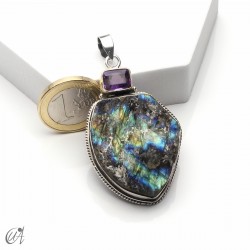 Silver pendant with rough labradorite and faceted amethyst, model 4