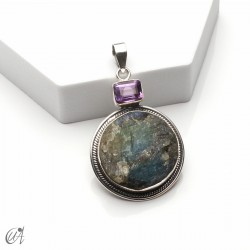 Silver pendant with rough labradorite and faceted amethyst, model 5