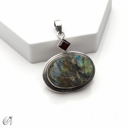 Silver pendant with rough labradorite and faceted garnet, model 3