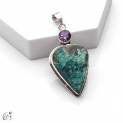 Silver pendant with rough chrysocolla and faceted amethyst, model 2