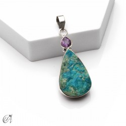 Silver pendant with rough chrysocolla and faceted amethyst, model 3