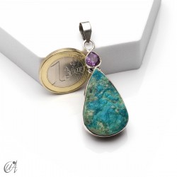 Silver pendant with rough chrysocolla and faceted amethyst, model 3